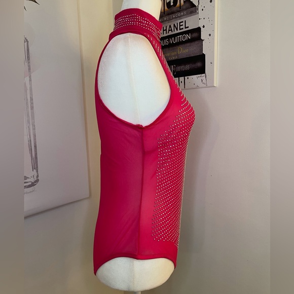 Pink Sequin Embellished Sheer Mesh Sleeveless Bodysuit Size Large - Picture 4 of 15